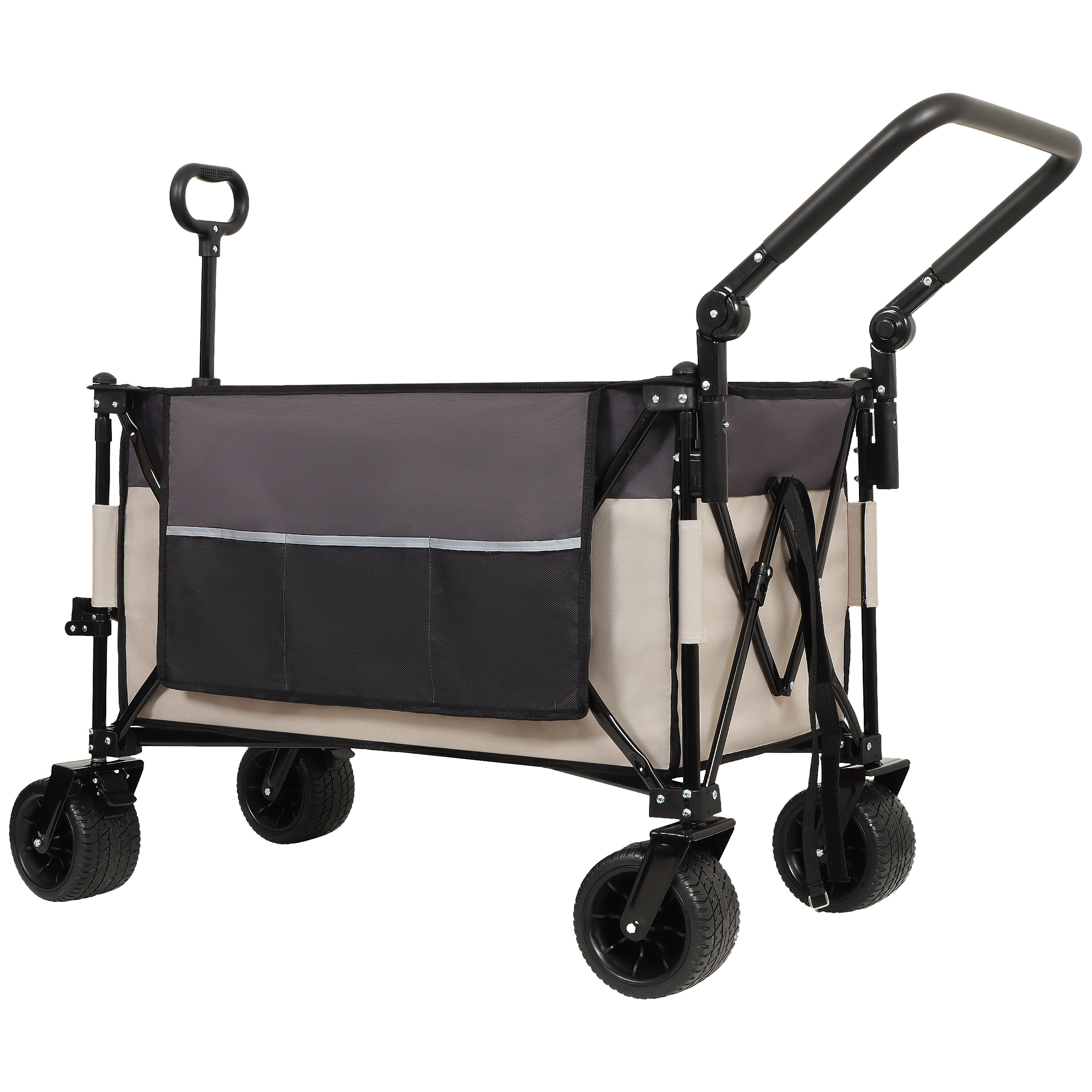 Multi-Functional Push-Pull Folding Wagon Cart with Rotating Handle & 360° All-Terrain Wheels – Heavy-Duty, Adjustable Design, Large Capacity for Transport, Groceries, and Outdoor Use, Khaki- Gray