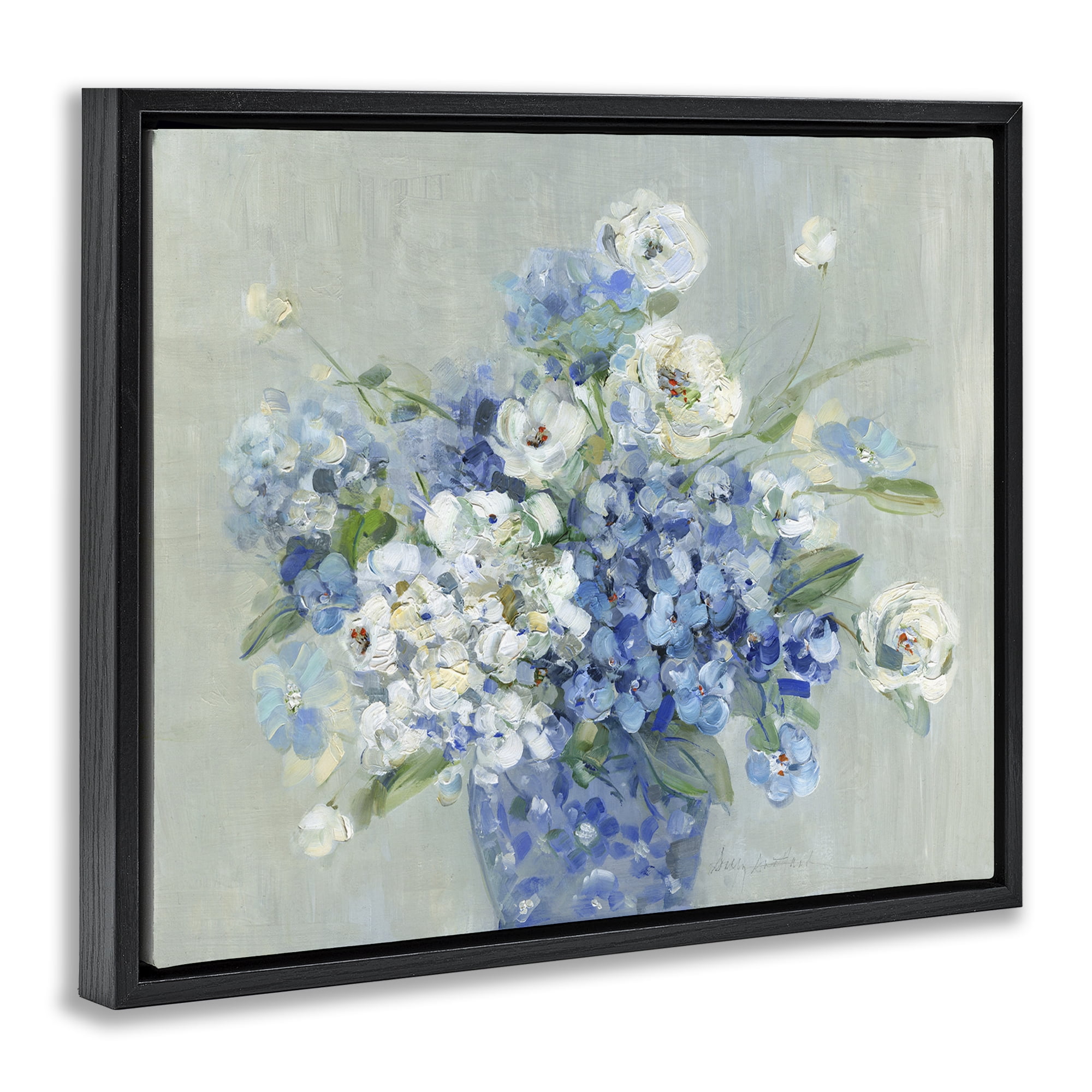 Stupell Industries Serene Blue And White Bouquet Black Framed Floater Canvas Wall Art, design by Sally Swatland