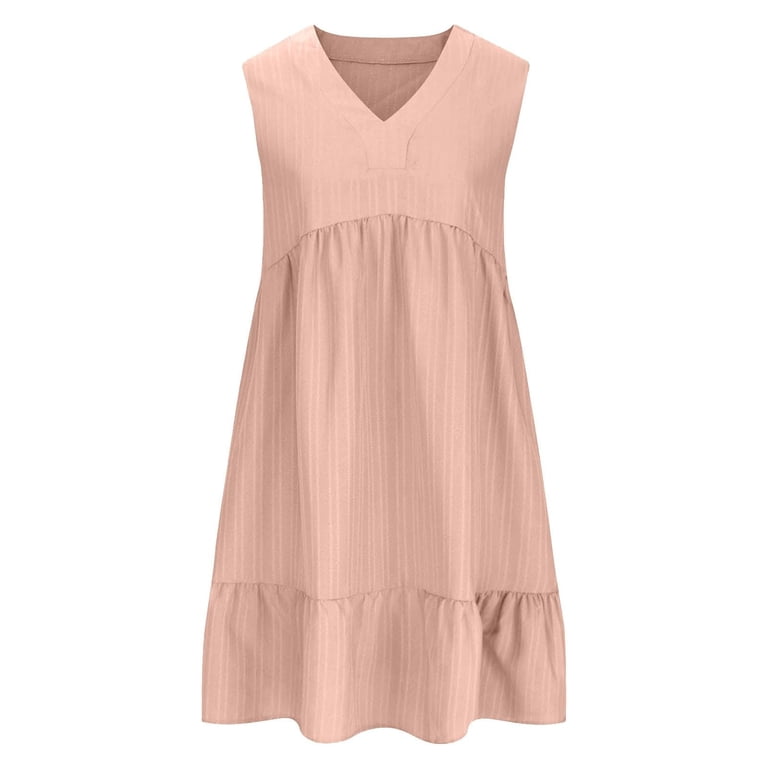 Summer Sun Dresses for Curvy Women Knee Length Sleeveless Cotton Linen  A-Line Gauze Dresses V Neck Ruffle Tiered Layered Vacation Midi Dresses  Light pink S - Walmart.com