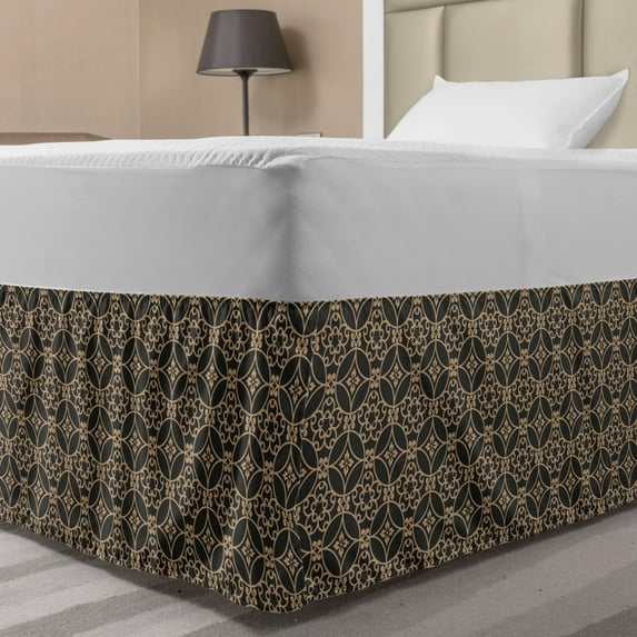 Antique Oriental Bed Skirt, Rhythmic Circular Ornaments Floral Motifs Romantic Illustration, Elastic Bedskirt Dust Ruffle Wrap Around for Bedding Decor, 4 Sizes, Tan and Dark Sepia, by Ambesonne
