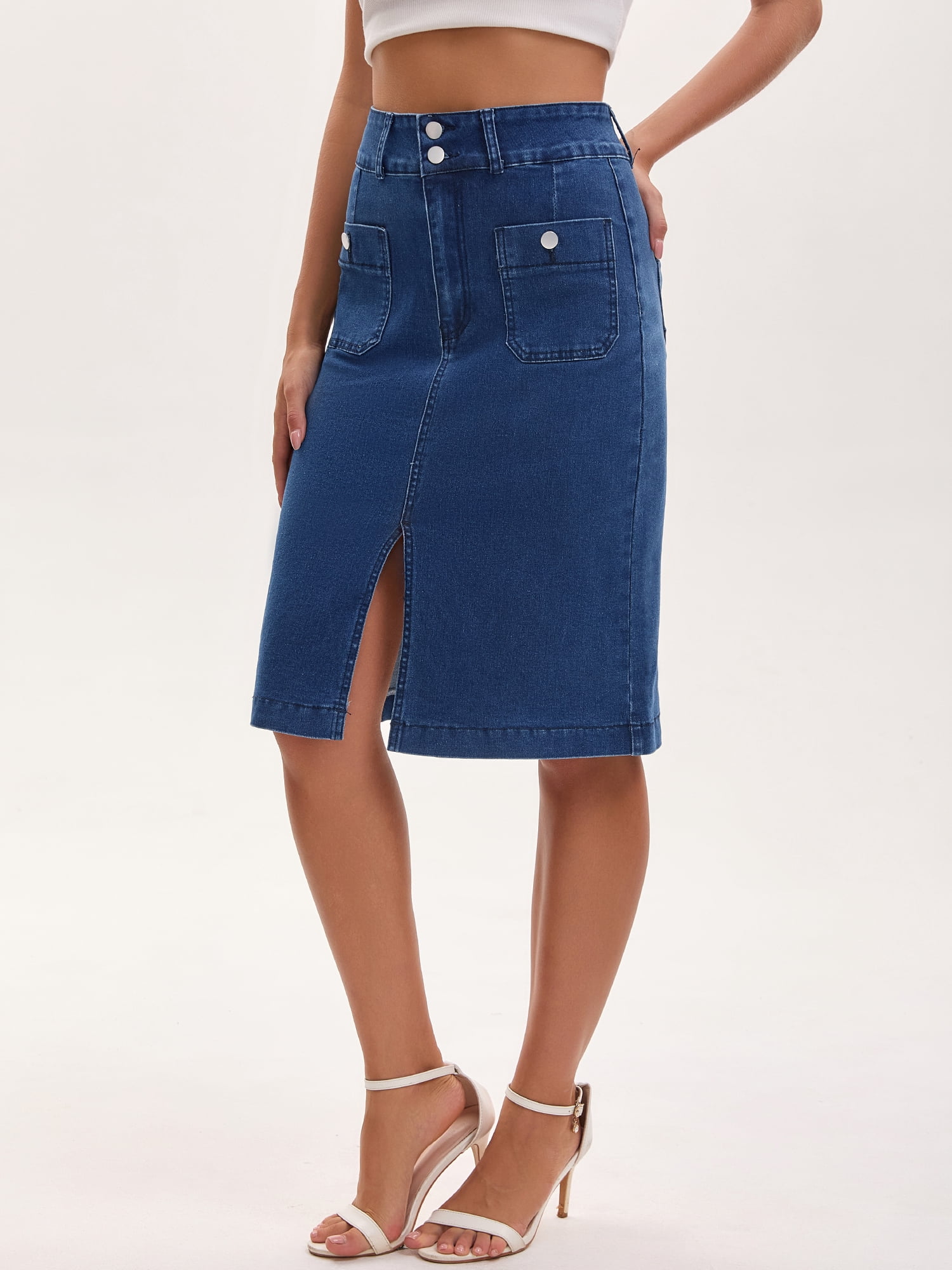DARING DIVA Women's Stretchy Below Knee Length Jean Skirts Large Dark Blue