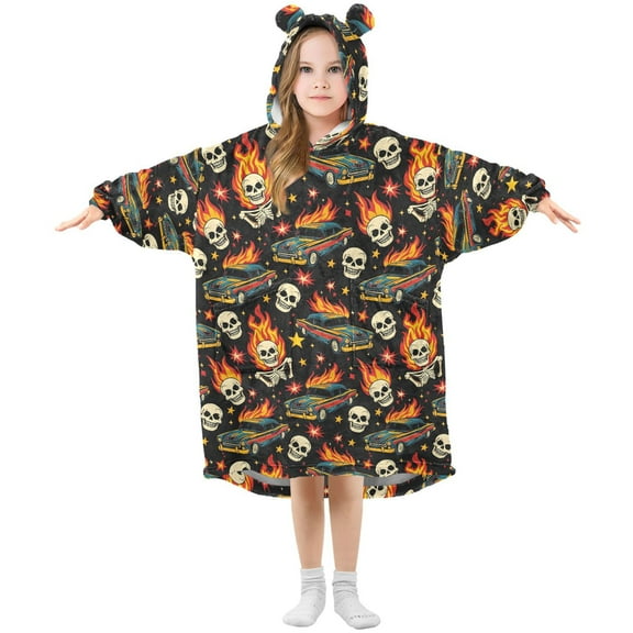 Wearable Blanket Hoodie for Kids Racing Car Skull Fire Flannel Hooded Blanket with Pockets and Sleeves Suitable for Boys and Girls