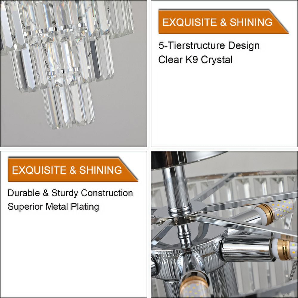 ACE-LIGHTS,5-Tier Chrome Crystal Semi Flush Mount Chandelier Light Fixture,Large Contemporary Luxury Ceiling Lighting for Living Room,Bedroom,Dining Room,Hallway,Restaurants,Holels,Bars(Chrome)