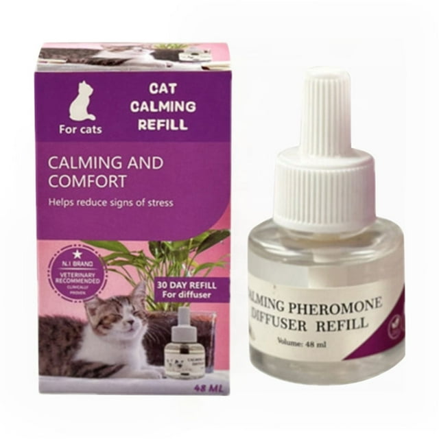 Difusor calmante de feromonas para gatos, recargas de feromonas para gatos que reducen eficazmente la ansiedad, el estrés y la agresividad. Recarga de 48 ml en spray calmante para gatos (1 unidad).