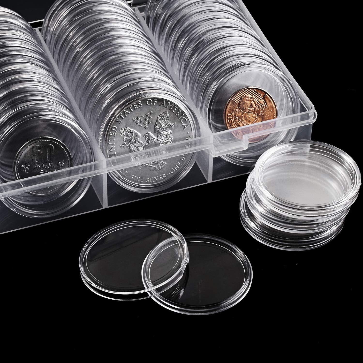Plastic Round Silver Coin Capsules Covers Storage Box for Collection Supplies-60 Pcs 41mm Coin Capsules, Coin Case Holder, Plastic Coin Case for Coin Collecting Supplies(1set-L)