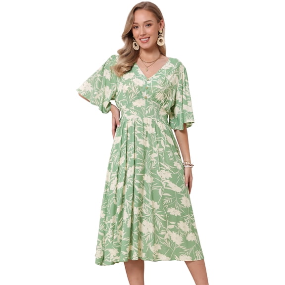 DARING DIVA Women's Floral Midi Flutter Sleeve V Neck Flowy Dresses S Green