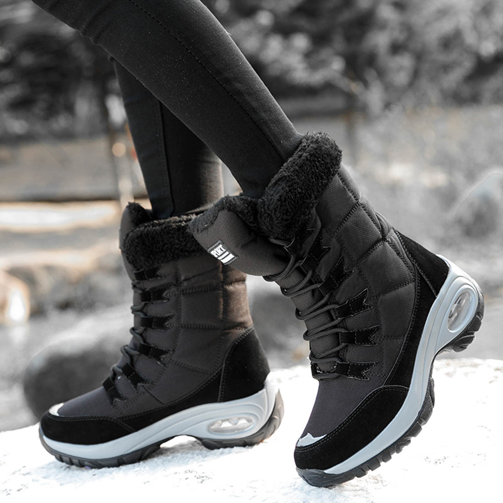 PEASKJP Men's Snow Boots Wide Width Mens Lightweight Hiking Boots Mid Ankle Warm Anti-Slip Ankle Hiking Skiing Boots (Black,7.5)