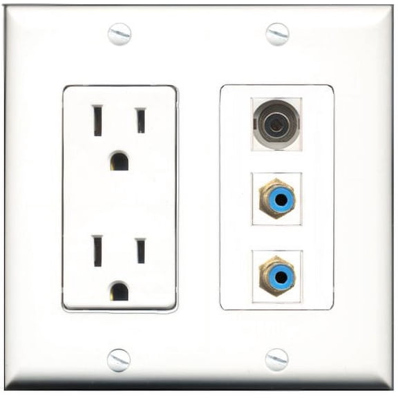 RiteAV - 15 Amp Power Outlet 2 Port RCA Blue 1 Port 3.5mm Decorative Wall Plate