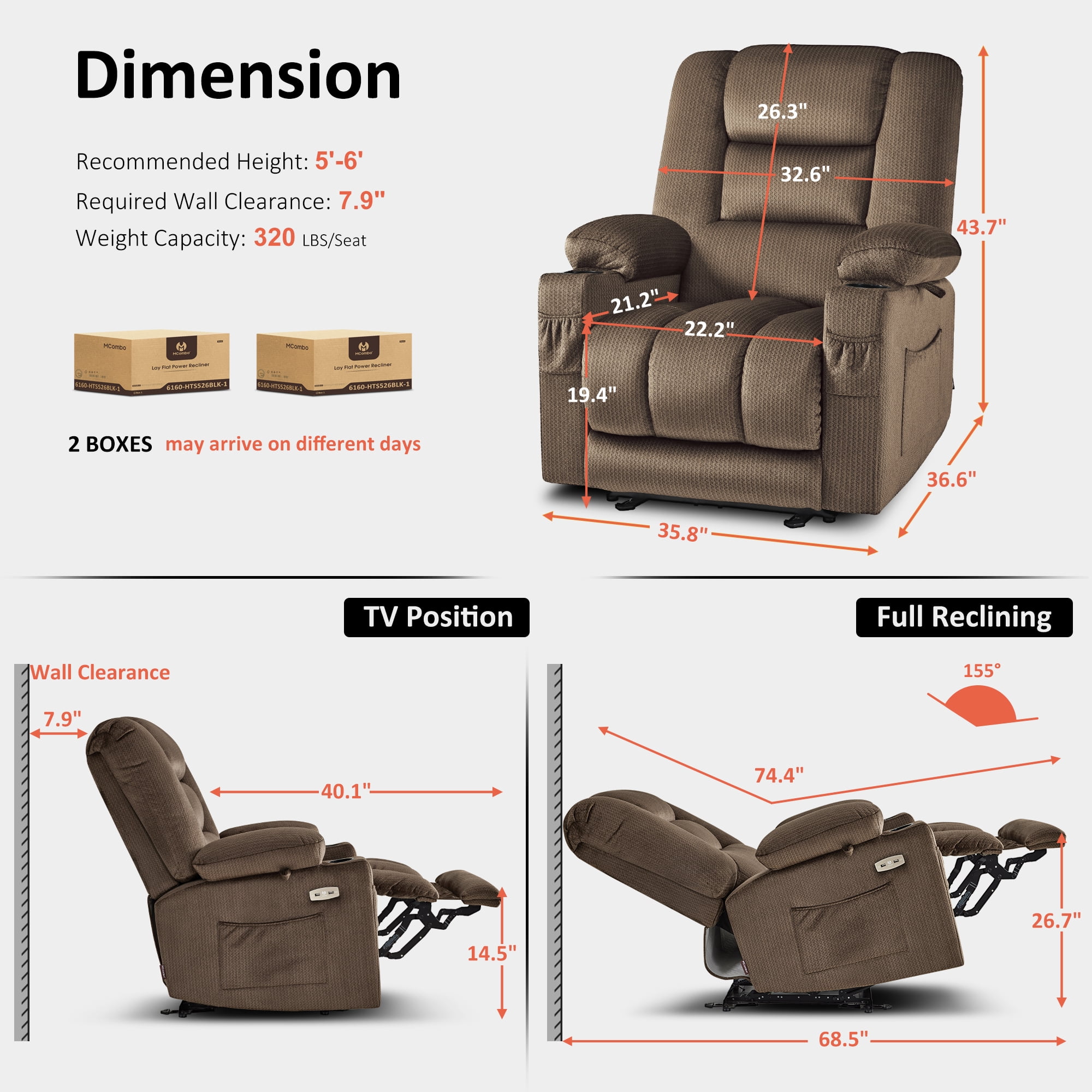 MCombo Electric Power Recliner Chair w/ Massage USB Cup Holders for Living Room Brown Fabric 6079