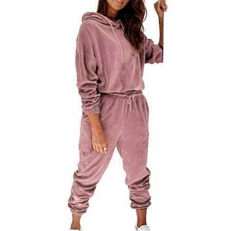 

Lumento Women Velvet Pajamas Set Casual Plain Hoodies and Pants Sleepwear Loungewear