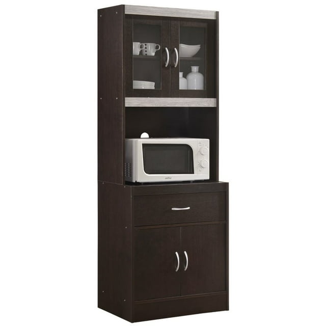 Pemberly Row Tall 24" Wide China Kitchen Cabinet with Microwave Storage in Chocolate Gray