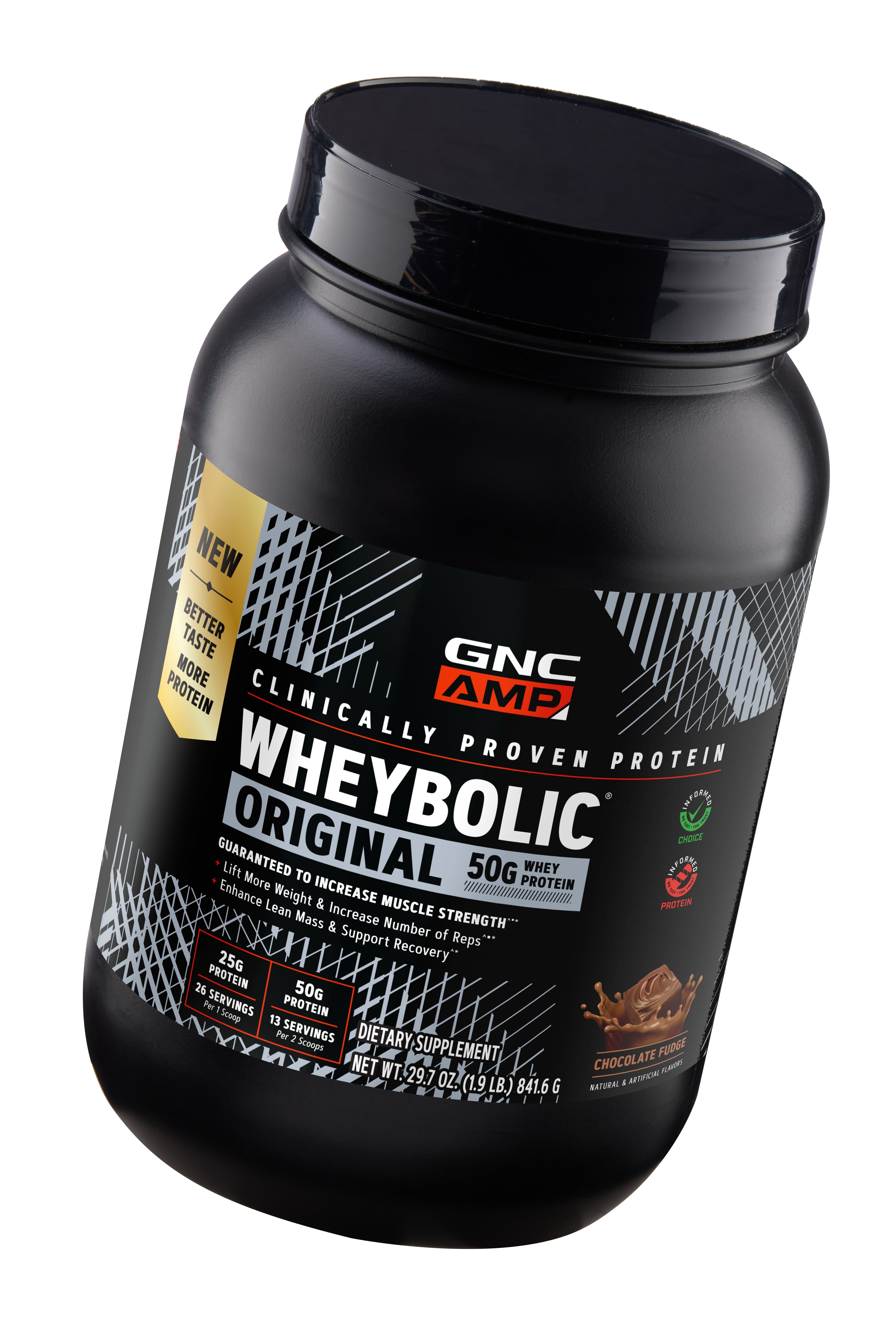 GNC AMP Wheybolic Clinically Proven Protein Powder, 50g Whey Protein, BCAA, Leucine, Increases Muscle Strength, Muscle Building, 3rd Party Tested, Gluten Free, Chocolate Fudge 13 Servings