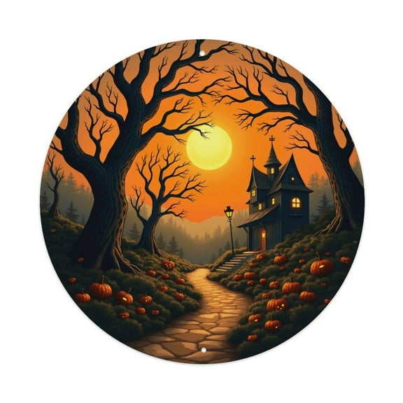 Vintage Wall Decor Halloween Autumn Landscape Wall Plaque Sign Round Metal Tin Sign Round Welcome Door Hanging, Suitable for Home Garden Kitchen Bar Cafe Restaurant Garage Wall Decor 8x8 Inch