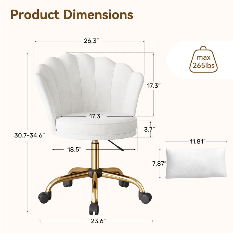 Hawsaiy Shell Back Home Office Chair with Lumbar Pillow, Modern Upholstered Desk Chair with Gold Metal Base, Swivel Adjustable Computer Chair for Home Office, White