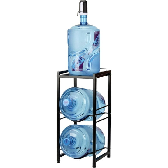 5 Gallon Water Jug Holder for 2 Bottles with Metal Top Storage Shelf, 3 Tier Heavy Duty Water Dispenser Stand, Water Bottle Rack Organizer for Home Kitchen Office Living Room, Black