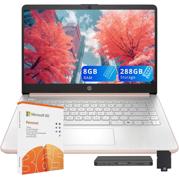 HP Stream Portable 14 Pouces HD Antireflet, Processeur Intel N150, 8 Go de RAM, Stockage 288 Go (SSD 128 Go + Ensemble Station d'Accueil 160 Go), 1 An Office 365, Caméra Web HD, Longue Autonomie, CoPilot, Win 11 S, Or