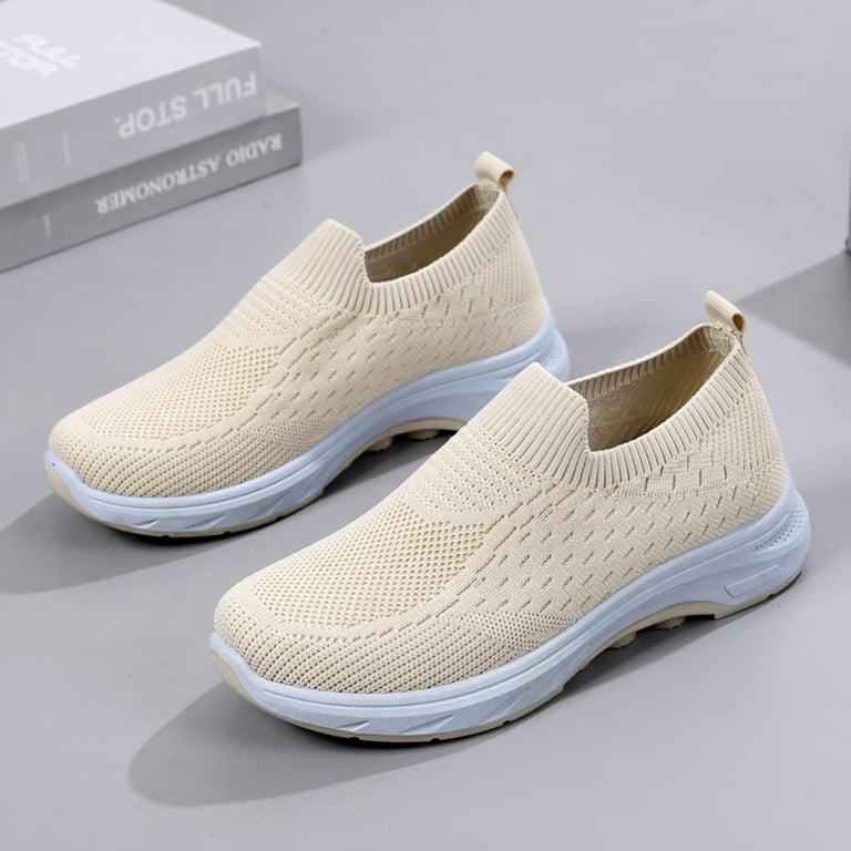 Zizocwa Casual Mesh Breathable Sneakers for Women Platform Slip On Stretch Cloth Walking Shoes Outdoor Comfy Running Tennis Shoes for Gym Khaki Size7