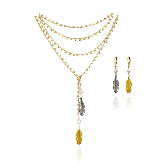 Vangania collar largo ajustable de plumas bicolor dorado plateado 100 cm