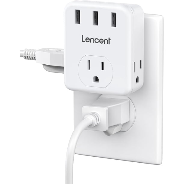 LENCENT Extensor de Enchufe Múltiple 1875W, Conector Multiple con 3 Salidas y 3 Puertos USB, Cargador de Pared, Multicontacto Enchufe Pared para Hogar, Oficina, Cocina, Dormitorio (Blanco)