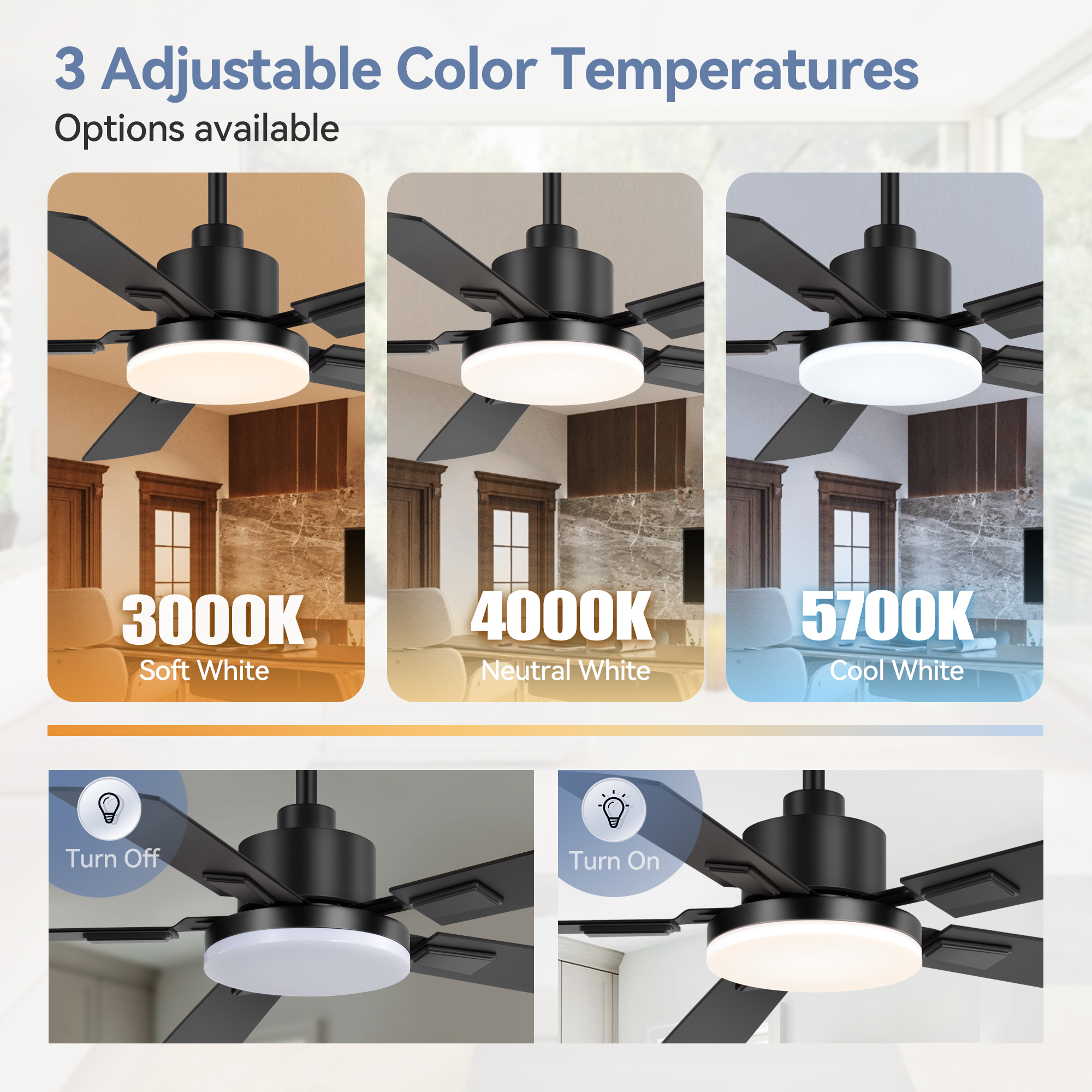 ALKAFY 48" Farmhouse Ceiling Fan with Light and Remote, 6-Speed Reversible DC Motor, LED Flush Mount Ceiling Fan for Bedroom, Black Modern Quiet Ceiling Fan with 5 Wood Blades