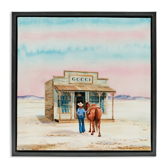 Stupell Industries Glam Cowgirl at Desert Shop Fashion Painting Black Floater Framed Canvas Art Print Wall Art, 18 x 18