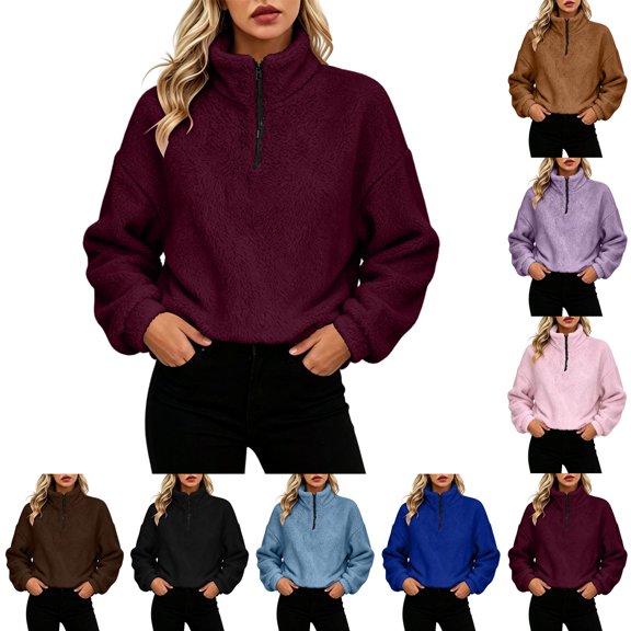 Half Zip Sweatshirt for Women Fleece Oversized Stand Collar Pullover, Long Sleeve Loose Casual Warm Solid Color Basic Tops for Winter Everyday Loungewear