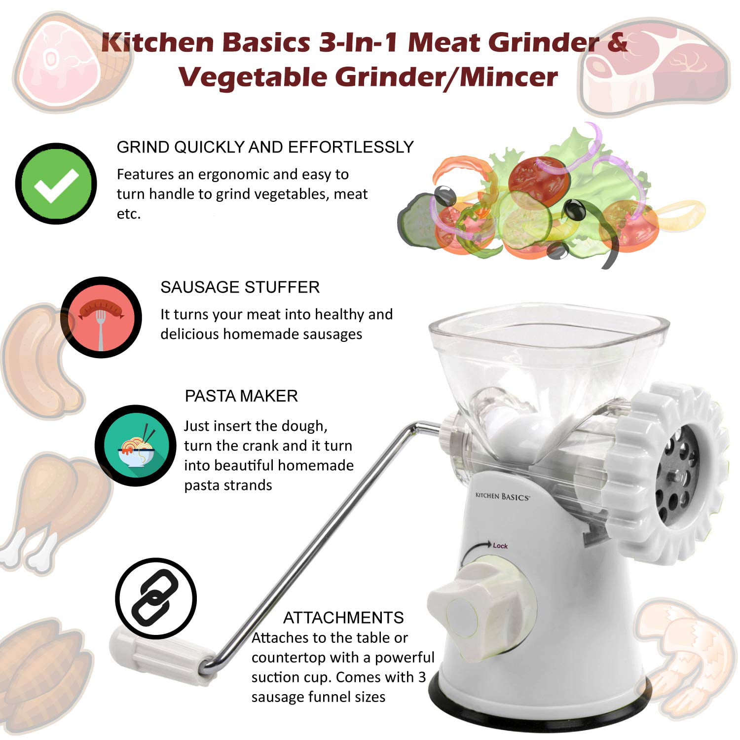 Brand: Cooko Type: Manual Food Processor Specs: Hand Operated, Stainless  Steel Keywords: Fruit Vegetable Tools, Mincer, Meat Grinder, Pasta Maker,  Beef Sausage, Pork Filling Machine Key Points: Easy To Use, Multi Purpose