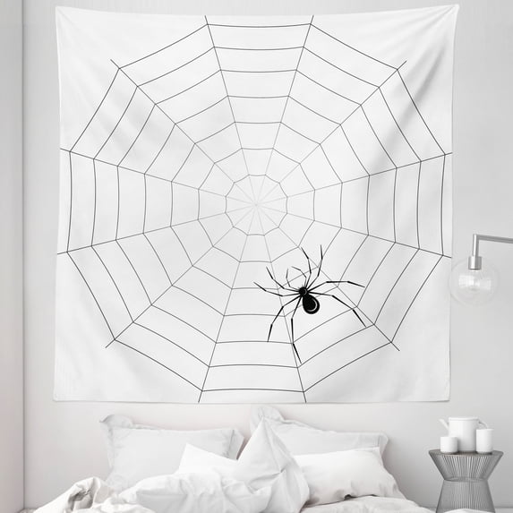 Spider Web Tapestry, Toxic Poisonous Insect Thread Crawly Malicious Bug Halloween Character Design, Fabric Wall Hanging Decor for Bedroom Living Room Dorm, 5 Sizes, Black White, by Ambesonne