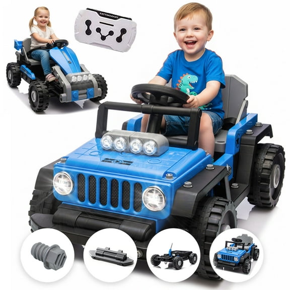 2-In-1 12V Kids Ride On Building Block Cars, Electric Truck Car/Kart-Switch Freely, Ride on Toys with Remote Control, Toddler Car with Multifunctional Control Panel, Gift for Boys Girls 2-4, Blue