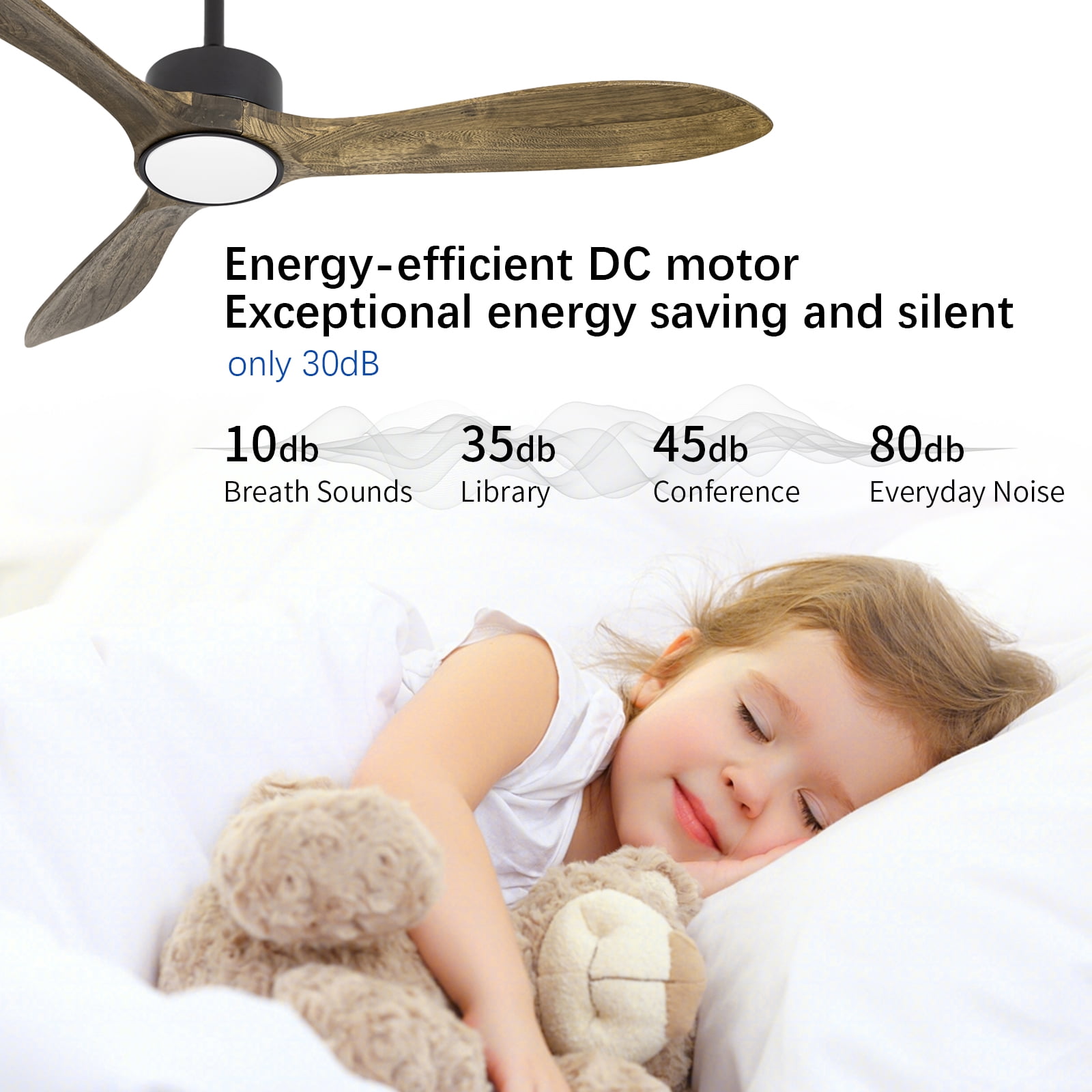 Wozzio 52 inch Ceiling Fan with Light and Remote,DC Motor,3CCT Dimmable LED Light,3 Amber Wood Blades,Indoor & Outdoor