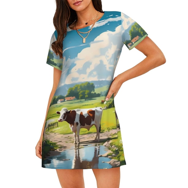 Fotbe Countryside Farm Cow Bata de Dormir para Mujer con Estampado, Camisón de Algodón de Manga Corta, Ropa de Dormir Casual