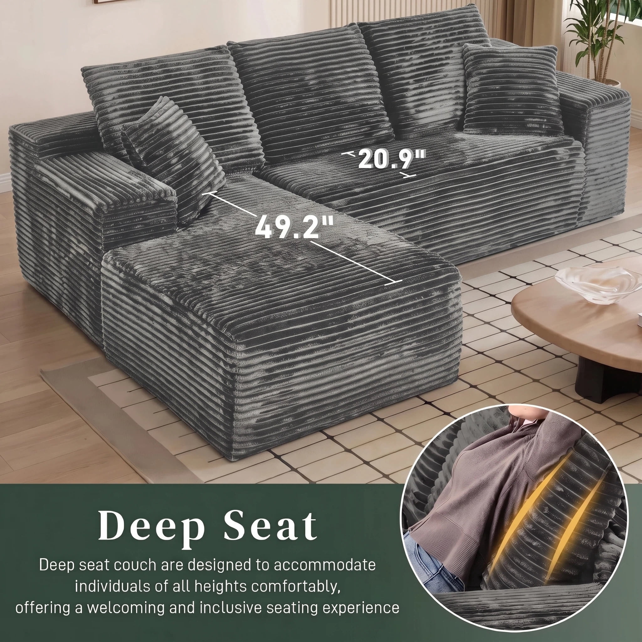 AISWORD 107.5" Corduroy Boneless L Shaped Modular Sectional Sofa with Left Facing Chaise, Deep Seat Compressed Couch with Throw Pillows, No Assembly Required, Gray
