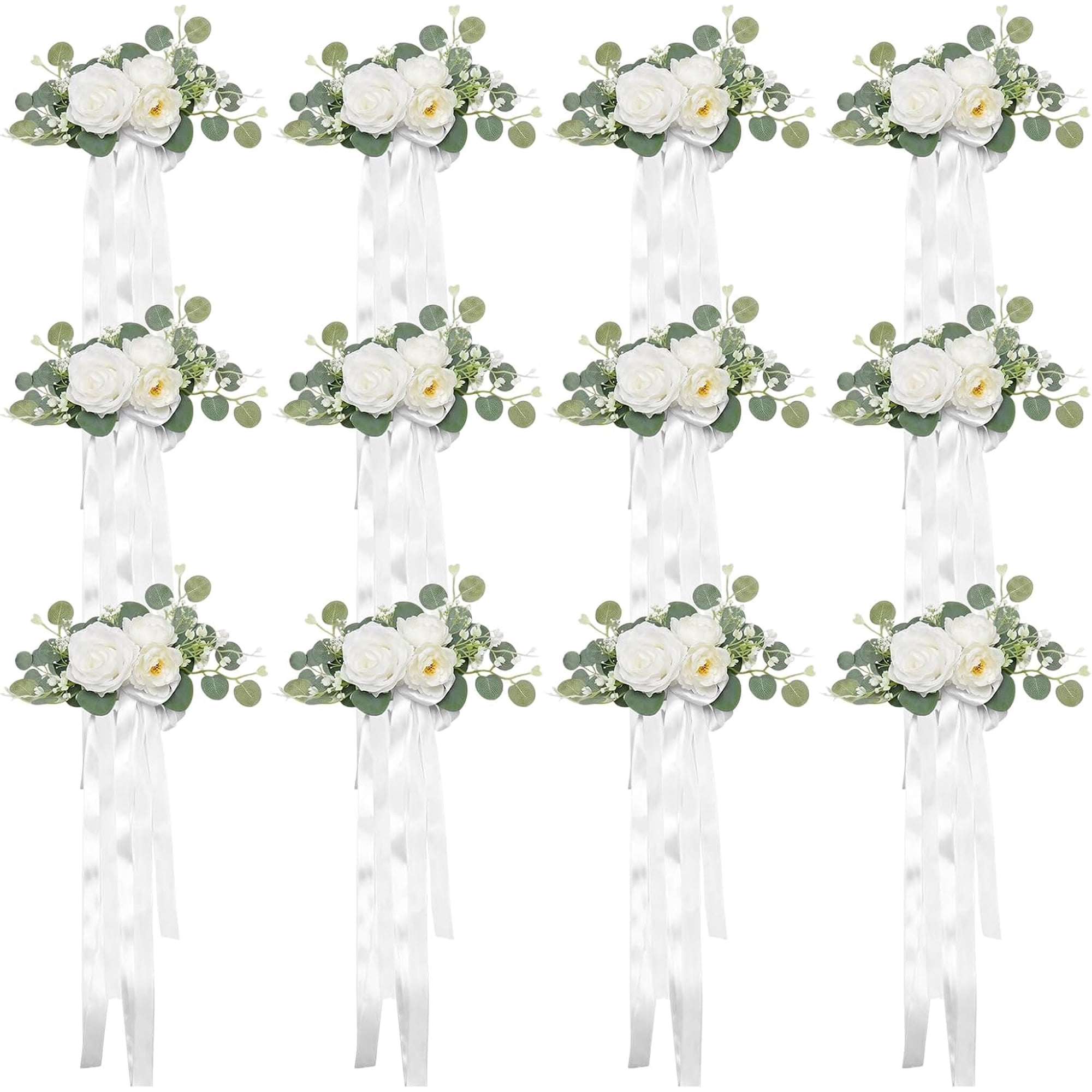 12Pcs Wedding Chair Decorations, Artificial White Rose Flower Chair Back Decor with Ribbon, Wedding Aisle Decorations for Ceremony, Reception and Party Events