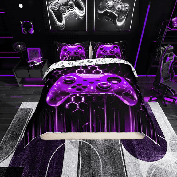 Erosebridal Gamer Gaming Comforter Cover Twin, Purple Gamepad Bedding Twin Size, Gradient Neon Stripe Room Decor, Reversible 2-Piece (No Comforter)