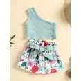 thumbnail image 2 of 2 Pieces Girls Suit Set, Solid Color One Shoulder Sleeveless Tops+ Floral Print Skirt with Waist Belt for Summer, 2 of 9