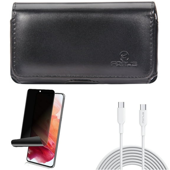 10ft Long Type-C Cable & Privacy Screen Protector & Case Belt Clip for Samsung Galaxy S22 (6.1") - Fast Charger Cord PD & TPU Film Fingerprint Works & Leather Swivel Accessory Bundle