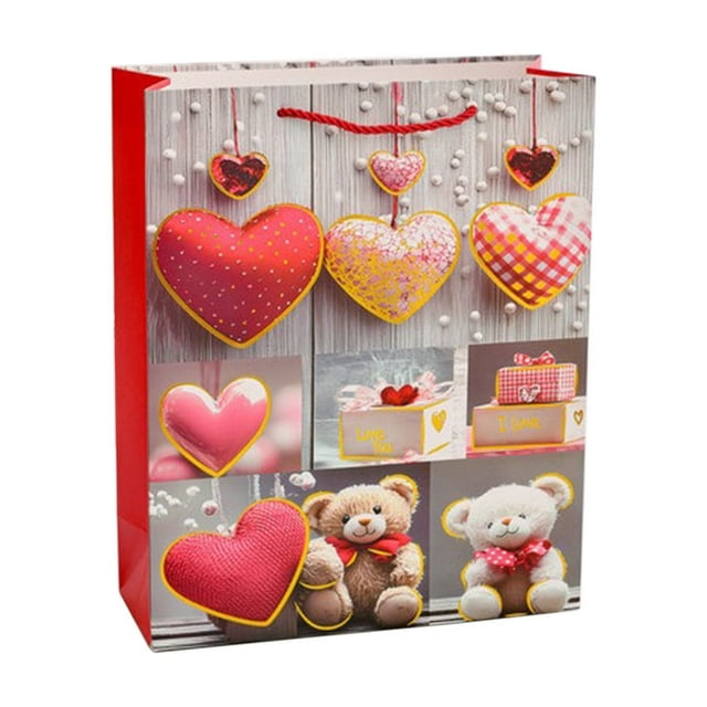 B Romantic Heart Pattern Gift Packaging Paper Bag With Sturdy Thickened Material And Carrying Handles For Souvenir And Present 7.08X3.34X9.44In 0.08Lb