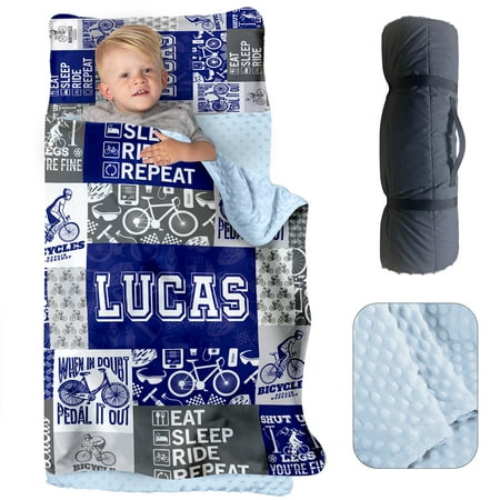 AOLOA Personalized Name Nap Mat for Toddlers Custom Sleeping Bag with Pillow Case & Blanket for Kids Boys Blue Bicycle Design Slumber Bags for Daycare Preschool Kindergarten