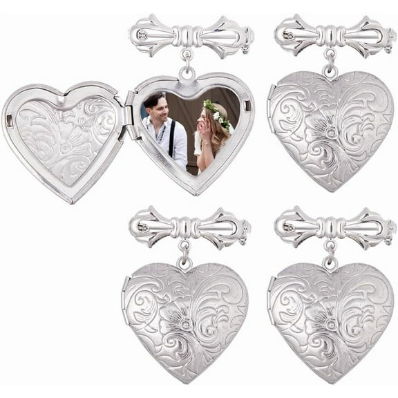 4Pcs Wedding Bouquet Photo Charm Silver Heart Photo Charm 304 Stainless Steel Bouquet Photo Locket Charms Bow Tie Wedding Memorial Brooches Pins DIY Pin Brooch Making for Bridal