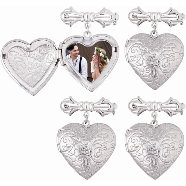 4 dijes para fotos de ramo de novia, dijes de corazón plateados para fotos, acero inoxidable 304, dijes para relicario de fotos de ramo, broches conmemorativos de boda, broches DIY