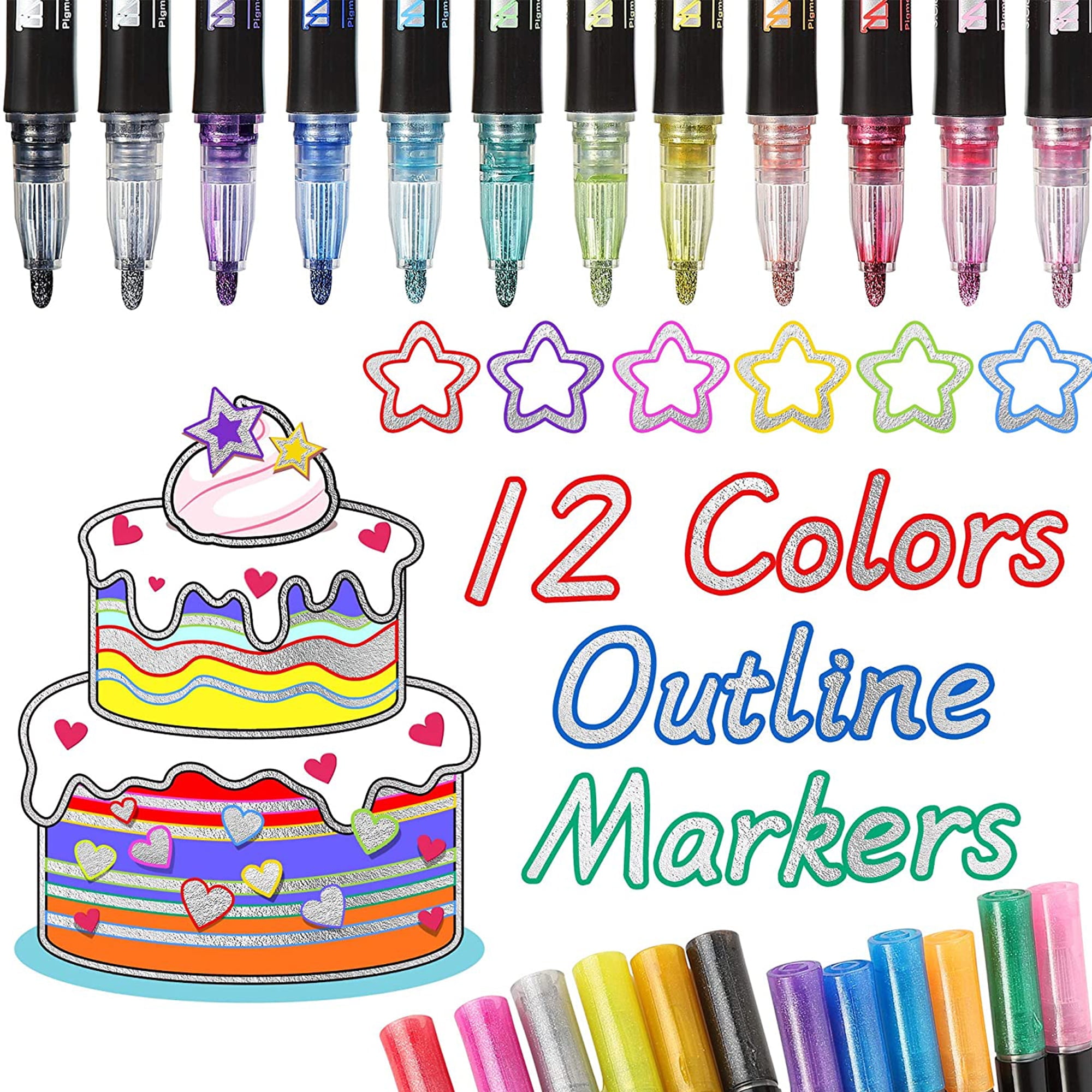 24 Colors Shimmer Outline Markers, Double Line Metallic Pen Set Sparkle  Self-Outline Doodle Marker Cool Magic Silver Glitter Dazzle Pen Card  Dazzlers Terrain Art Paint Hill Drawing Kid 