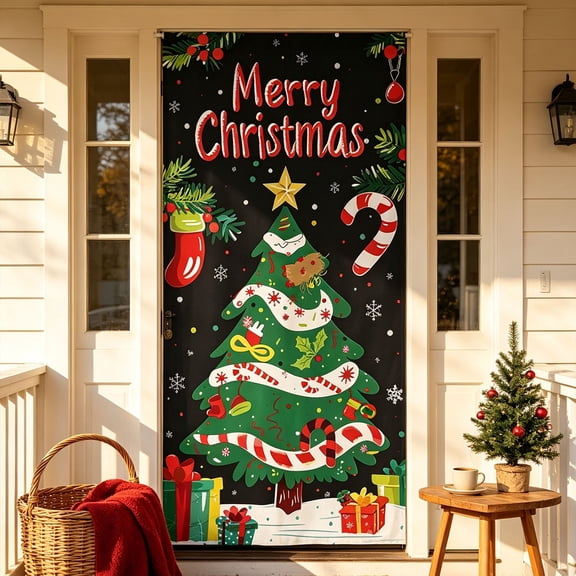 KKOUHVY 35x71 inch Christmas Door Cover, Reusable Christmas Door Decorations, Easy Hang Xmas Curtains for Holiday Front Door Backdrops Decorations