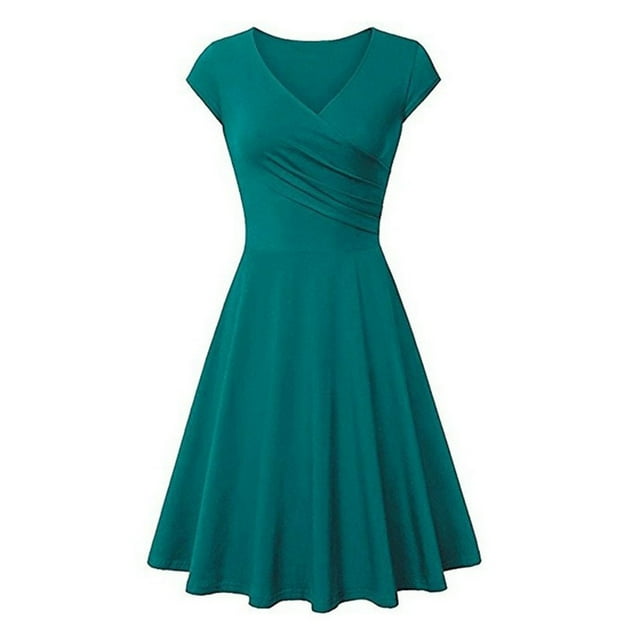 QIPOPIQ Robes pour Femmes Robe Smockée à Étages Manches Courtes Robes Décontractées Couleur Robe Midi d'Été Décontractée Robes Robe à Col en V Ample Offres 2023