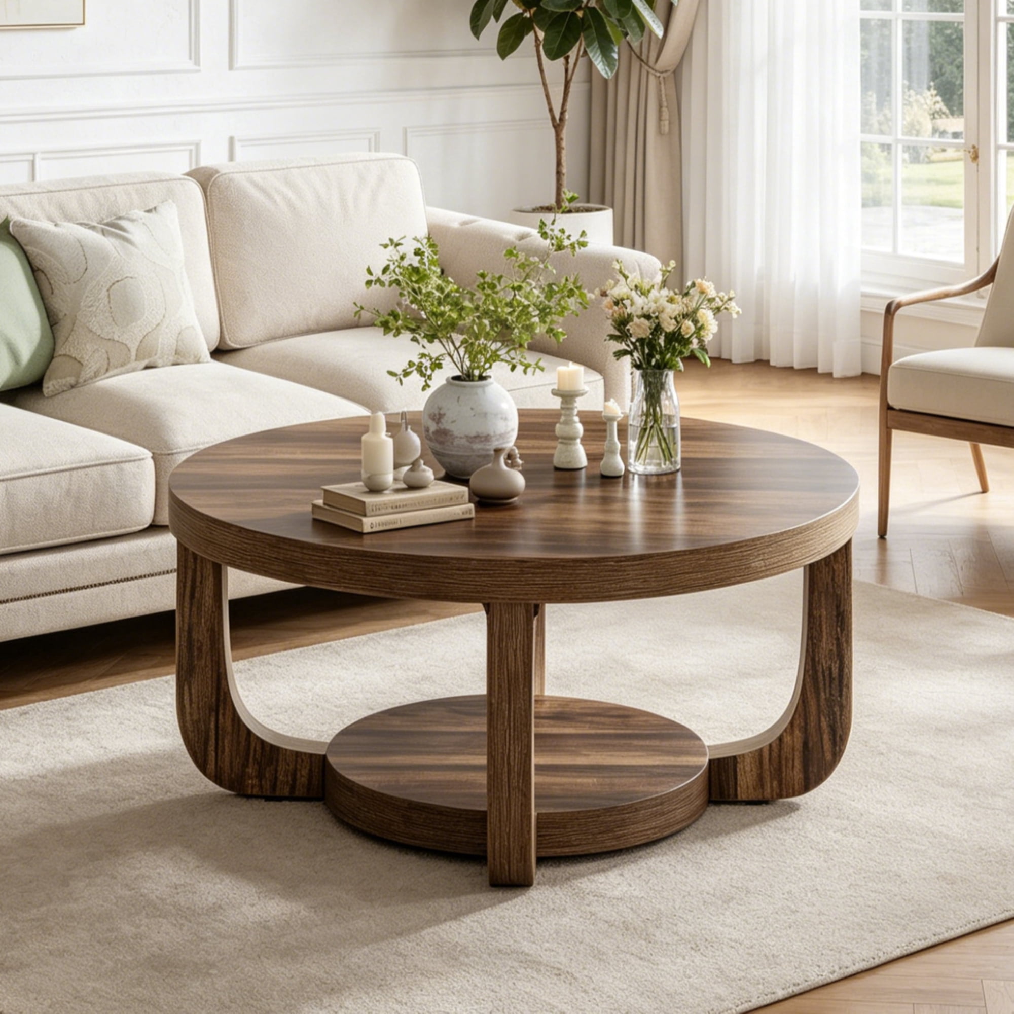 Fnova 2-Tier Round Coffee Table with Storage Shelf, Modern Wooden Circle Center Table, Accent Cocktail Table for Living Room, Lounge, Bedroom, Dark Brown