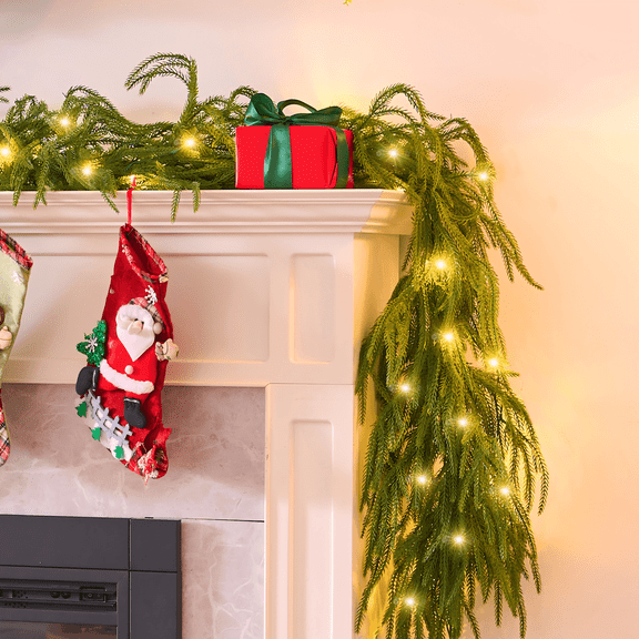 9FT Christmas Garland with Lights - EZKAMFORT PE Xmas Garlands, Real Touch Christmas Mantel Decor, Prelit Christmas Garland with 50 LED Lights and 8 Modes, Timer