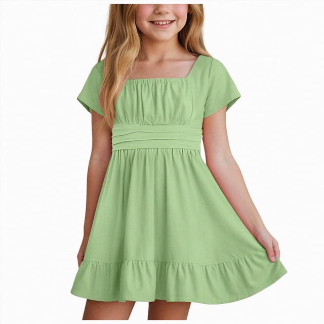 Gubotare Robe Filles Filles Robes Froncées Adolescentes à Volants Fluide à Étages Ligne A Robe Évasée pour Fille Taille 8-9 (Vert, 8-9 Ans)