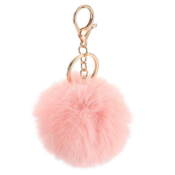 Pom Pom Keychain, 8cm Faux Rabbit Fur Puff Ball Keychain, Soft Cute Plush Fluffy Ball Key Ring for Women Purse Handbags Backpack Pendant Charm (Leather Pink)
