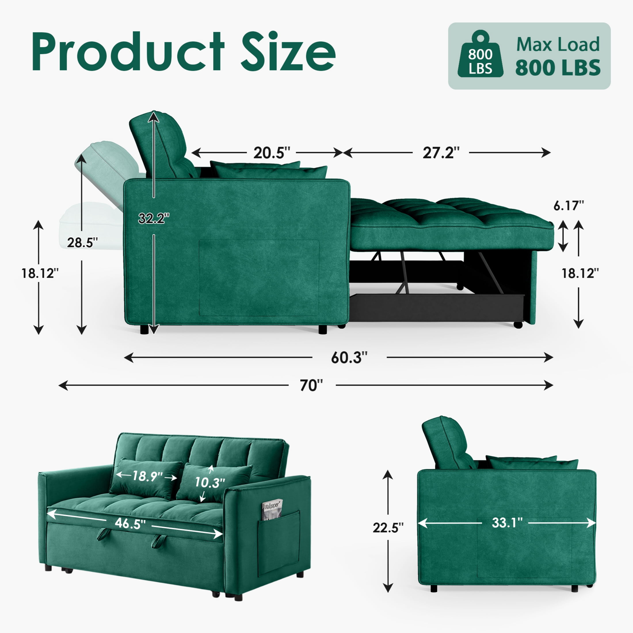 Anpport 3-in-1 Convertible Sleeper Sofa Bed, Pull-Out Loveseat Couch with Adjustable Back, Velvet Fabric, 55",Green