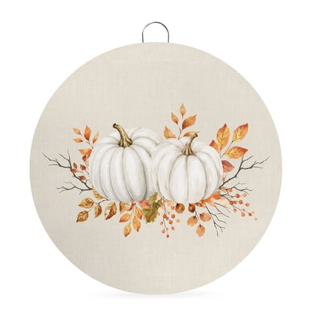 Round Welcome Sign for Front Door Pumpkins Fall Hanging Metal Farmhouse Wall Decor for Porch Entryway Thanksgiving Autumn Leaves Farmhouse Decoration for Holiday Housewarming Gift 8 in