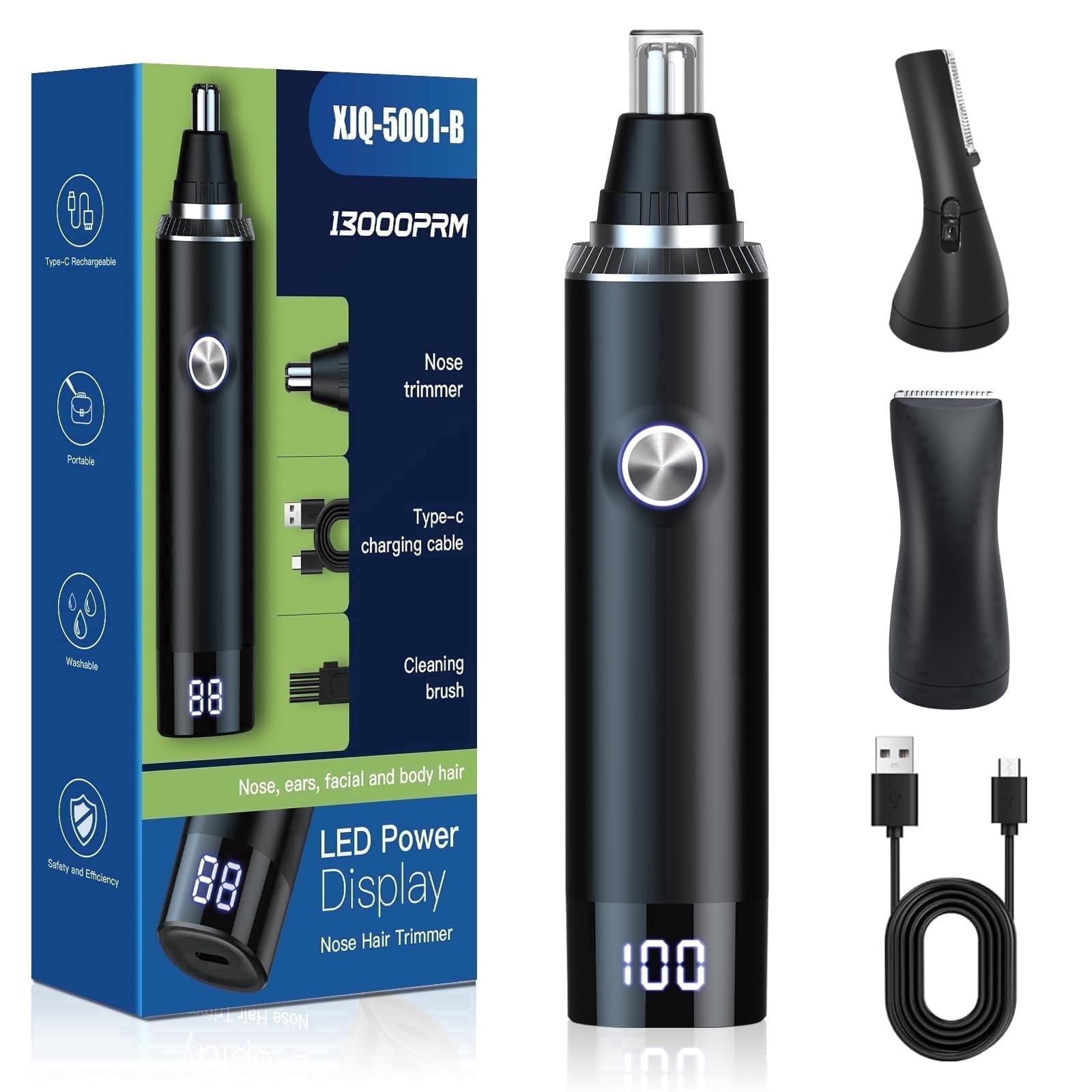 Rechargeable Nose and Ear Hair Trimmer for Men, Professional Painless USB Rechargeable Eyebrow & Facial Hair Trimmer with Powerful Motor and Dual-Edge Blades, IPX7 Waterproof